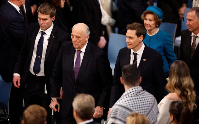 King Harald V of Norway (second from left) arrives at Oslo City Hall to attend the awarding of the 2024 Nobel Peace Prize on December 10, 2024. (Odd ANDERSEN/AFP) King Harald V of Norway (second from left) arrives at Oslo City Hall to attend the awarding of the 2024 Nobel Peace Prize on December 10, 2024. (Odd ANDERSEN/AFP)