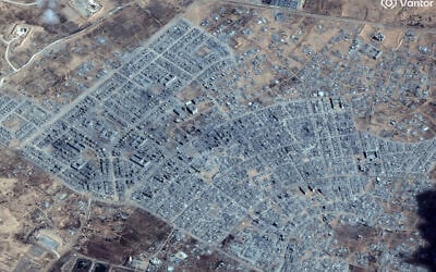 This handout satellite image courtesy of Vantor, shows a view of the destruction in Rafah in the southern Gaza Strip on October 10, 2025. (Satellite image ©2025 Vantor/AFP)