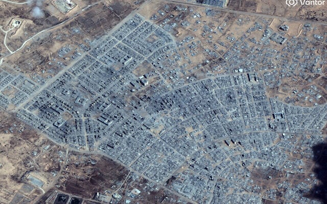 This handout satellite image courtesy of Vantor, shows a view of the destruction in Rafah in the southern Gaza Strip on October 10, 2025. (Satellite image ©2025 Vantor/AFP)
