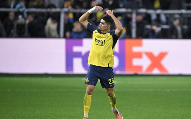 Union St-Gilloise’s Israeli forward #25 Anan Khalaili celebrates scoring his team’s second goal during the UEFA Champions League, league phase day 6, football match between Royale Union Saint-Gilloise (BEL) and Olympique de Marseille (FRA), at the RSC Anderlecht Stadium in Brussels, Belgium, on December 9, 2025. (NICOLAS TUCAT/AFP)