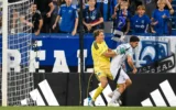 Sébastian Breza of CF Montréal pushes Dor Turgeman of the New England Revolution, after he celebrated a goal in front of the Montreal fans during the first half, at Saputo Stadium in Montreal, August 1, 2026. (Tim Austen / GETTY IMAGES NORTH AMERICA / Getty Images via AFP)