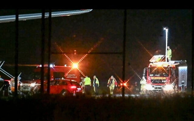 A video grab taken from a video footage by News5 from August 5, 2026 shows emergency services, police and firefighers deployed at German airport Leipzig-Halle in Schkeuditz, eastern Germany, after a drone was spotted nearby. (NEWS5/AFP) A video grab taken from a video footage by News5 from August 5, 2026 shows emergency services, police and firefighers deployed at German airport Leipzig-Halle in Schkeuditz, eastern Germany, after a drone was spotted nearby. (NEWS5/AFP)