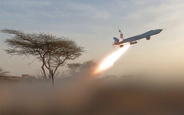 This screen grab taken from video footage released on August 9, 2026 by Ansarullah Media Centre shows a drone being launched towards what the Houthi authorities said were Saudi troop concentrations and weapons depots at Mokha port in western Yemen. (ANSARULLAH MEDIA CENTRE/AFP)