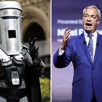 This combination of file photos created on August 10, 2026, shows then-London mayoral candidate Count Binface, left, posing for a photo on College Green beside the Palace of Westminster in London on April 25, 2024; and Reform UK leader Nigel Farage speaking during the inaugural Conservative Political Action Conference Great Britain in south-east London on July 17, 2026. (AFP/Benjamin Cremel, Henry Nicholls)