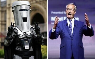 This combination of file photos created on August 10, 2026, shows then-London mayoral candidate Count Binface, left, posing for a photo on College Green beside the Palace of Westminster in London on April 25, 2024; and Reform UK leader Nigel Farage speaking during the inaugural Conservative Political Action Conference Great Britain in south-east London on July 17, 2026. (AFP/Benjamin Cremel, Henry Nicholls) This combination of file photos created on August 10, 2026, shows then-London mayoral candidate Count Binface, left, posing for a photo on College Green beside the Palace of Westminster in London on April 25, 2024; and Reform UK leader Nigel Farage speaking during the inaugural Conservative Political Action Conference Great Britain in south-east London on July 17, 2026. (AFP/Benjamin Cremel, Henry Nicholls)