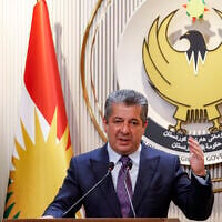 Masrour Barzani, prime minister of the Iraqi Kurdistan Regional Government, gives a press conference in the autonomous region’s capital Erbil on June 25, 2025. (Safin HAMID/AFP)