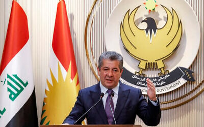 Masrour Barzani, prime minister of the Iraqi Kurdistan Regional Government, gives a press conference in the autonomous region’s capital Erbil on June 25, 2025. (Safin HAMID/AFP) Masrour Barzani, prime minister of the Iraqi Kurdistan Regional Government, gives a press conference in the autonomous region’s capital Erbil on June 25, 2025. (Safin HAMID/AFP)