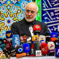 Iran’s Parliament Speaker Mohammad Bagher Ghalibaf gives a press conference at an event marking 40 days since the burial of the late Iranian supreme leader Ayatollah Ali Khamenei, at Imam Hassan al-Mujtaba Mosque in Iraq’s central holy shrine city of Karbala on August 20, 2026. (Karar Jabbar/AFP)
