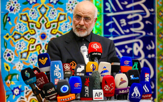 Iran’s Parliament Speaker Mohammad Bagher Ghalibaf gives a press conference at an event marking 40 days since the burial of the late Iranian supreme leader Ayatollah Ali Khamenei, at Imam Hassan al-Mujtaba Mosque in Iraq’s central holy shrine city of Karbala on August 20, 2026. (Karar Jabbar/AFP)