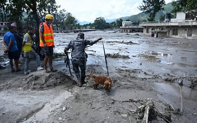 A member of the security forces and his sniffer dog search for survivors following flash floods at Trishuli in Nepal’s Nuwakot district on August 27, 2026. (Prakash MATHEMA/AFP) A member of the security forces and his sniffer dog search for survivors following flash floods at Trishuli in Nepal’s Nuwakot district on August 27, 2026. (Prakash MATHEMA/AFP)