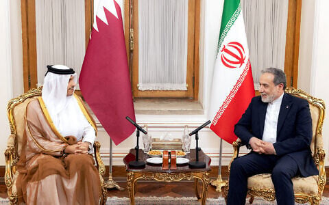 Qatar’s Prime Minister and Foreign Minister Sheikh Mohammed bin Abdulrahman bin Jassim Al-Thani (L) meets with Iran’s Foreign Minister Abbas Araghchi (R) in Tehran on August 27, 2026. (QATARI MINISTRY OF FOREIGN AFFAIRS/AFP)