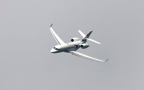 A Falcon 6X by French plane maker Dassault flies during the International Paris Air Show at the Paris Le Bourget airport, north of Paris, June 19, 2023. (Ludovic Marin, Pool via AP)