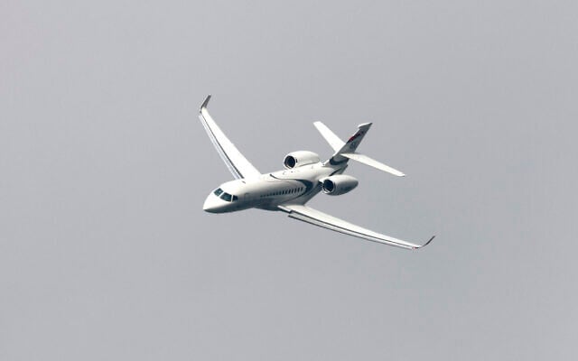 A Falcon 6X by French plane maker Dassault flies during the International Paris Air Show at the Paris Le Bourget airport, north of Paris, June 19, 2023. (Ludovic Marin, Pool via AP)