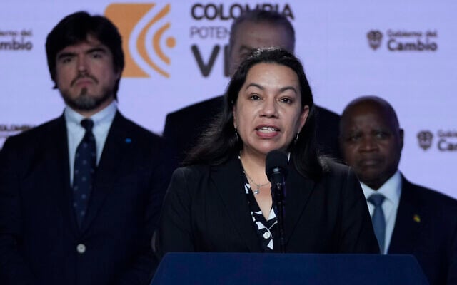 Carolyn Rodrigues-Birkett, Permanent Representative of Guyana to the United Nations, speaks to the press after meeting with Colombia’s President Gustavo Petro at the Presidential Palace in Bogota, Colombia, February 8, 2024. (AP Photo)