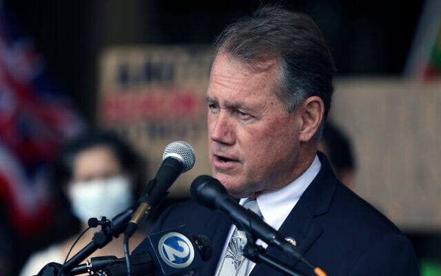 US Rep. Ed Case of Hawaii speaks at a rally, February 11, 2022, in Honolulu. (AP Photo/Caleb Jones)