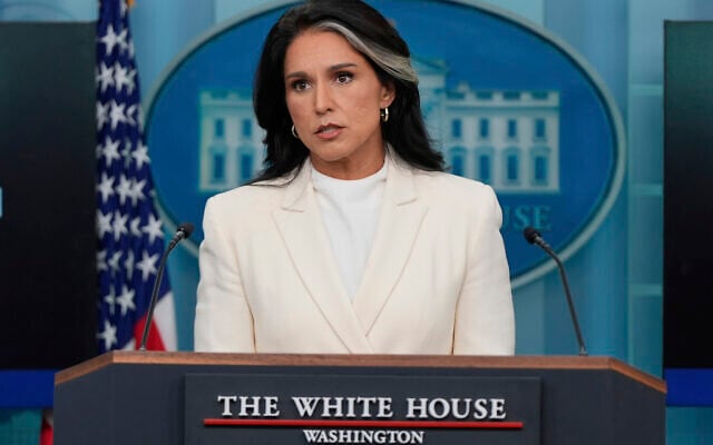 Then-director of US National Intelligence Tulsi Gabbard speaks with reporters in the James Brady Press Briefing Room at the White House, July 23, 2025, in Washington. (AP Photo/Julia Demaree Nikhinson)
