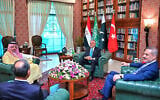 In this photo, released by the Pakistan Ministry of Foreign Affairs, from left, Egyptian Foreign Minister Badr Abdelatty, Saudi Arabia’s Foreign Minister Prince Faisal bin Farhan Al-Saud, Pakistan’s Foreign Minister Ishaq Dar and Turkish Foreign Minister Hakan Fidan attend a meeting to discuss Middle East war, in Islamabad, Pakistan, March 29, 2026. (Pakistan Ministry of Foreign Affairs via AP)