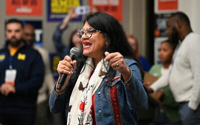 Rep. Rashida Tlaib addresses delegates during the Michigan Democratic Party State Endorsement Convention, April 19, 2026, in Detroit. (AP Photo/Jose Juarez)