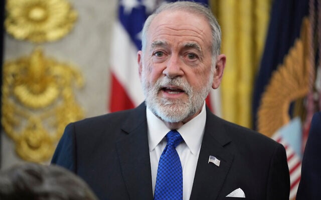 US Ambassador to Israel Mike Huckabee speaks during a meeting between the ambassadors of Israel and Lebanon in the Oval Office at the White House, April 23, 2026, in Washington. (AP Photo/Mark Schiefelbein)
