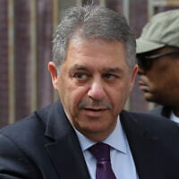 Former Palestinian ambassador to Lebanon Ashraf Dabbour looks on during his visit to the Palestinian refugee camp of Nahr el-Bared near the northern city of Tripoli, Lebanon, March 25, 2016. (AP/Hussein Malla/File)