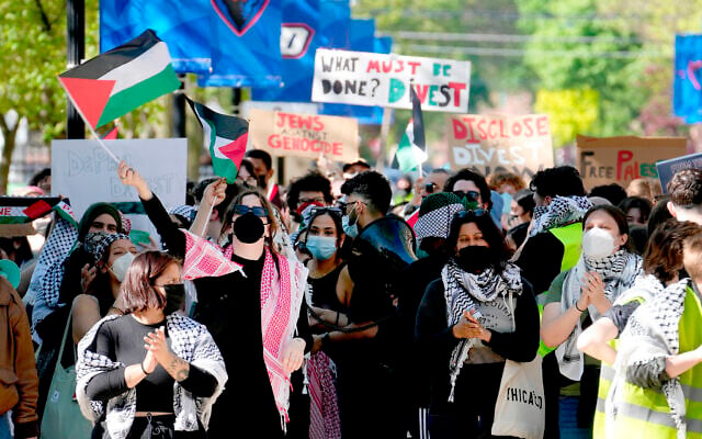 Pro-Palestinian protesters demonstrate on the campus of DePaul University, April 30, 2024, in Chicago. (AP Photo/Charles Rex Arbogast)
