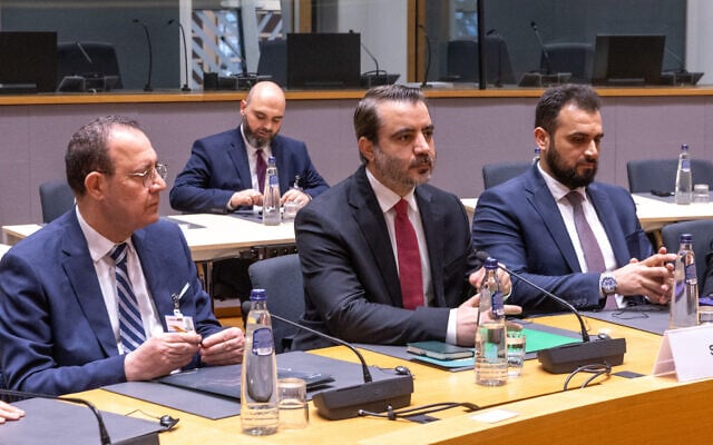 Syria’s Foreign Affairs Minister Asaad al-Shaibani attends an EU-Syria High Level dialogue meeting at the European Council building in Brussels, May 11, 2026. (AP/Omar Havana) Syria’s Foreign Affairs Minister Asaad al-Shaibani attends an EU-Syria High Level dialogue meeting at the European Council building in Brussels, May 11, 2026. (AP/Omar Havana)