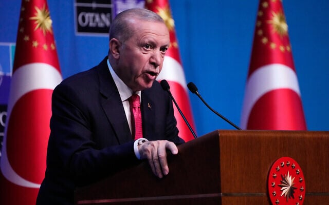 Turkish President Recep Tayyip Erdogan speaks during a media conference at the NATO summit in Ankara, Turkey, July 8, 2026. (AP/Hussein Malla)