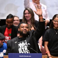 Michigan state Rep. Donavan McKinney, D-Detroit, waves to the crowd during a campaign rally for Michigan Democratic US Senate primary candidate Abdul El-Sayed, July 18, 2026, in Detroit. (AP Photo/Jose Juarez)