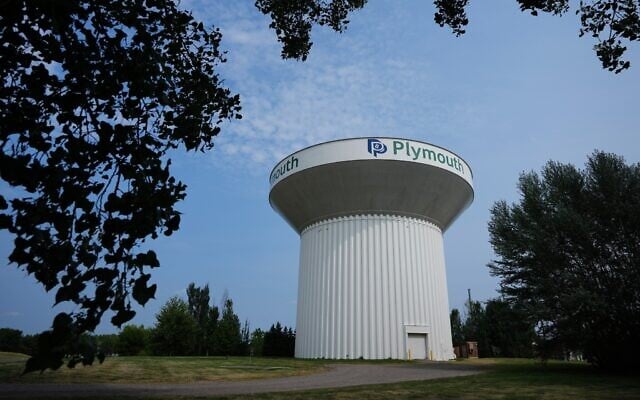 A water tower is seen July 30, 2026, in Plymouth, Minnesota. (AP Photo/Ellen Schmidt)