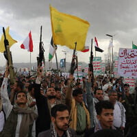 Houthi supporters attend a rally against the Saudi-led coalition in Sanaa, Yemen, July 31, 2026. (AP Photo/Osamah Abdulrahman)