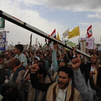 Houthi supporters chant slogans during a rally against the Saudi-led coalition in Sanaa, Yemen, July 31, 2026. (AP Photo/Osamah Abdulrahman)
