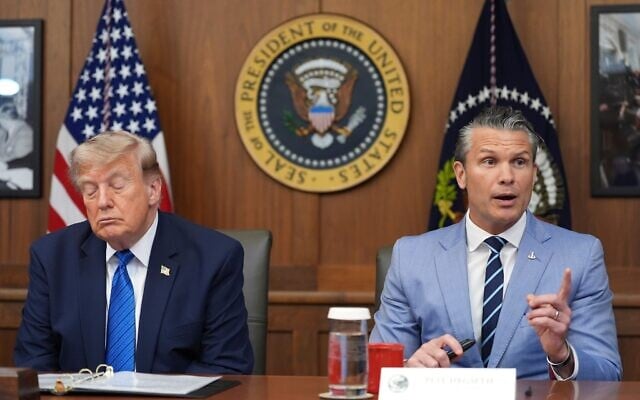 Defense Secretary Pete Hegseth speaks alongside President Donald Trump during a cabinet meeting, July 31, 2026, at Camp David, the presidential retreat, near Thurmont, Md., July 31, 2026. (AP Photo/Jacquelyn Martin)