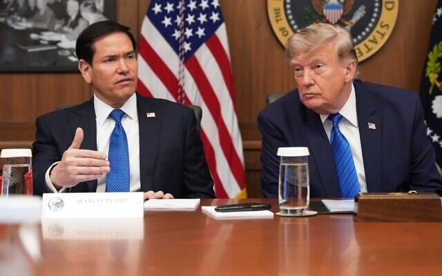 US Secretary of State Marco Rubio speaks as US President Donald Trump listens during a cabinet meeting, July 31, 2026, at Camp David, the presidential retreat, near Thurmont, Maryland, July 31, 2026. (AP Photo/Jacquelyn Martin)