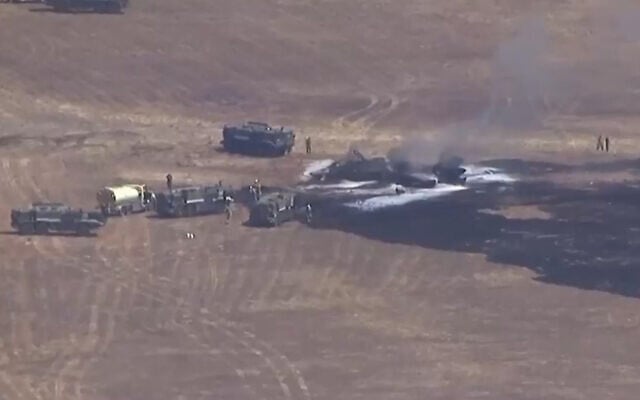 This image made from a video provided by KGTV shows the scene of an F-35 jet crash on July 31, 2026, near the Miramar Air Base in San Diego. (KGTV via AP)