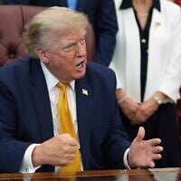 US President Donald Trump gestures as he speaks in the Oval Office of the White House, August 3, 2026, in Washington. (AP/Alex Brandon)