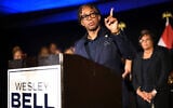 US Rep. Wesley Bell, D-Mo., speaks during a primary election night watch party after winning the Democratic nomination August 4, 2026, in St. Louis. (AP Photo/Michael Thomas)