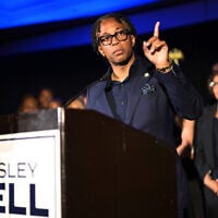 US Rep. Wesley Bell, D-Mo., speaks during a primary election night watch party after winning the Democratic nomination August 4, 2026, in St. Louis. (AP Photo/Michael Thomas)