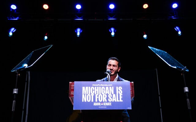 Abdul El-Sayed, a progressive candidate in the Democratic primary for US Senate in Michigan, speaks at his election night party, August 5, 2026, at the Majestic Theatre in Detroit. (AP Photo/Julia Demaree Nikhinson)