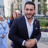 Abdul El-Sayed arrives for a news conference at the Spirit of Detroit shortly after winning the Democratic nomination for US Senate in Michigan, August 5, 2026, in Detroit. (AP/Julia Demaree Nikhinson)