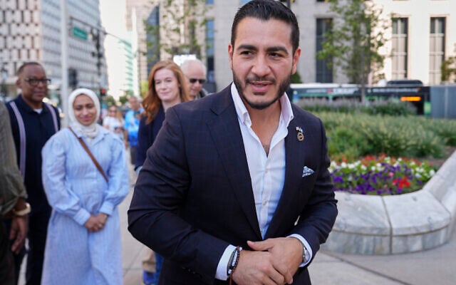 Abdul El-Sayed arrives for a news conference at the Spirit of Detroit shortly after winning the Democratic nomination for US Senate in Michigan, August 5, 2026, in Detroit. (AP/Julia Demaree Nikhinson)