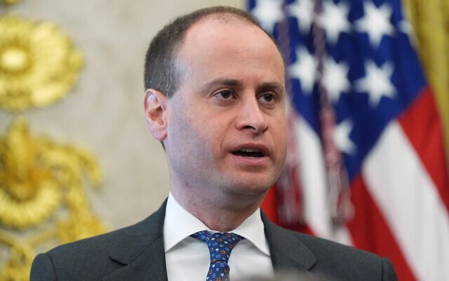 White House staff secretary Will Scharf speaks during an event with US President Donald Trump in the Oval Office of the White House, August 6, 2026, in Washington. (AP/Alex Brandon)