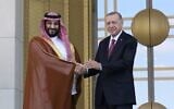Turkish President Recep Tayyip Erdogan, right, and Saudi Crown Prince Mohammed bin Salman shake hands during a welcome ceremony, in Ankara, Turkey, June 22, 2022. (AP Photo/Burhan Ozbilici)