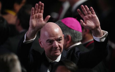 FIFA President Gianni Infantino arrives for the inauguration of President Abelardo de la Espriella in Cali, Colombia, August 7, 2026. (AP Photo/Matias Delacroix)