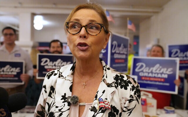 US Senator Darline Graham speaks with reporters following at a candidate event for hopefuls vying in a special Republican primary to replace her late brother senator Lindsey Graham on November ballots, August 8, 2026, in Florence, South Carolina. (AP Photo/Meg Kinnard)
