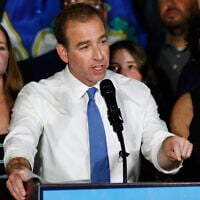 Luke Bronin, former Hartford mayor and Democratic candidate for Connecticut’s 1st congressional district, speaks during an election night watch party August 11, 2026, in Hartford, Connecticut. (AP Photo/Rusty Jones)