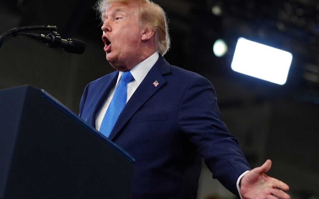 US President Donald Trump speaks at the David Mack Center for Training and Intelligence, August 14, 2026, in Garden City, N.Y. (AP Photo/Julia Demaree Nikhinson)