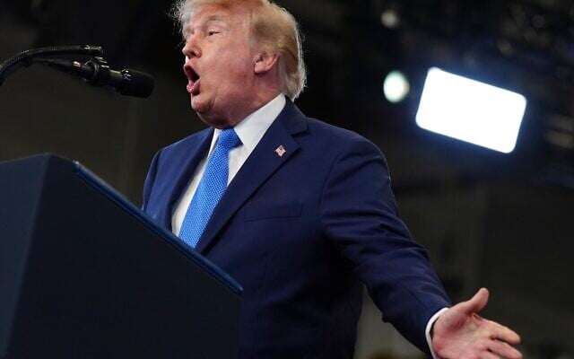 US President Donald Trump speaks at the David Mack Center for Training and Intelligence, August 14, 2026, in Garden City, N.Y. (AP Photo/Julia Demaree Nikhinson)