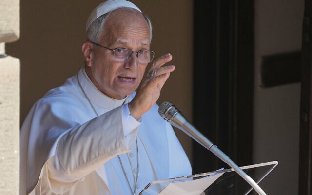 Pope Leo XIV delivers the Angelus noon prayer in Castel Gandolfo, Italy, August 16, 2026. (AP Photo/Gregorio Borgia)