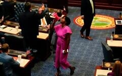 State Rep. Angie Nixon, speaks loudly on the Florida House floor during a redistricting bill on April 29, 2026, in Tallahassee, Fla. (AP/Mike Stewart)