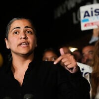 California State Senator Aisha Wahab, a Democratic candidate for US Congress in the state’s 14th district, speaks during a primary election night event on August 18, 2026, in Hayward, California. (AP Photo/Jeff Chiu)